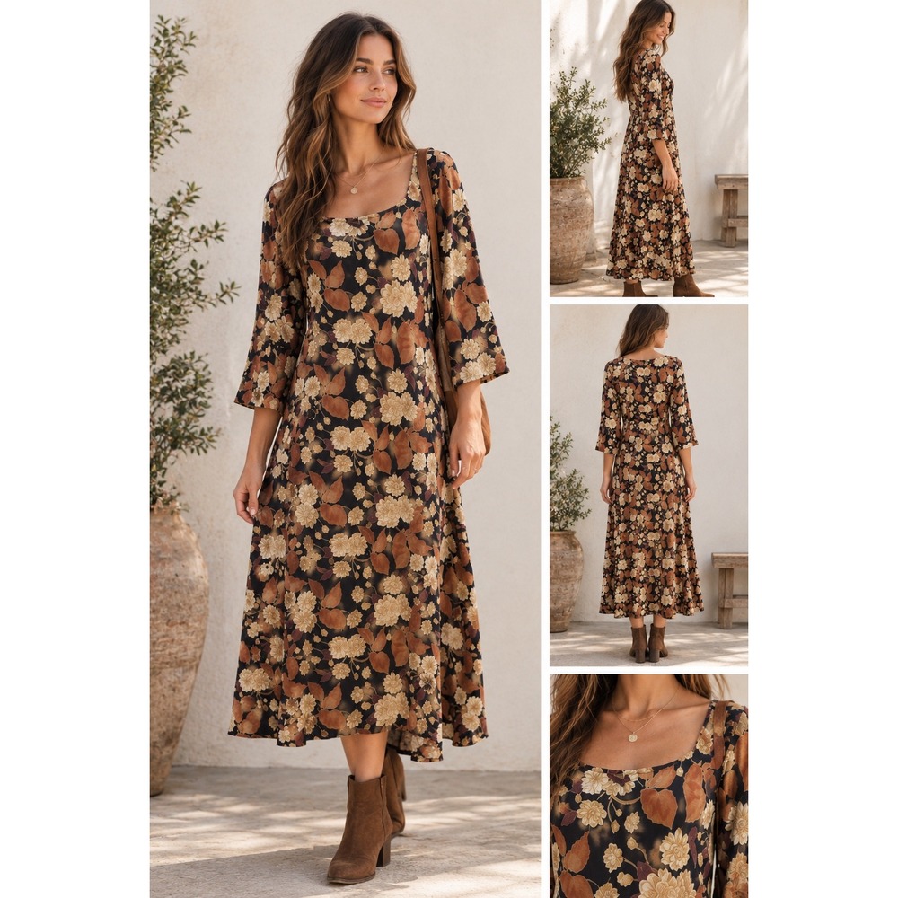 Sahalie Floral Midi Dress Womens PL Petite Large Black Rust Cotton Modal Stretch